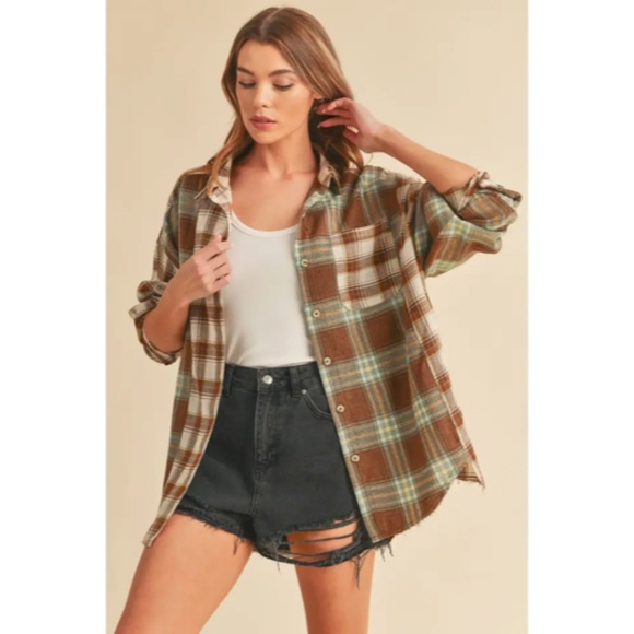 Noelle Brown White Sage Oversized Flannel Button Patchwork Long Sleeve Shirt - Picture 3 of 4
